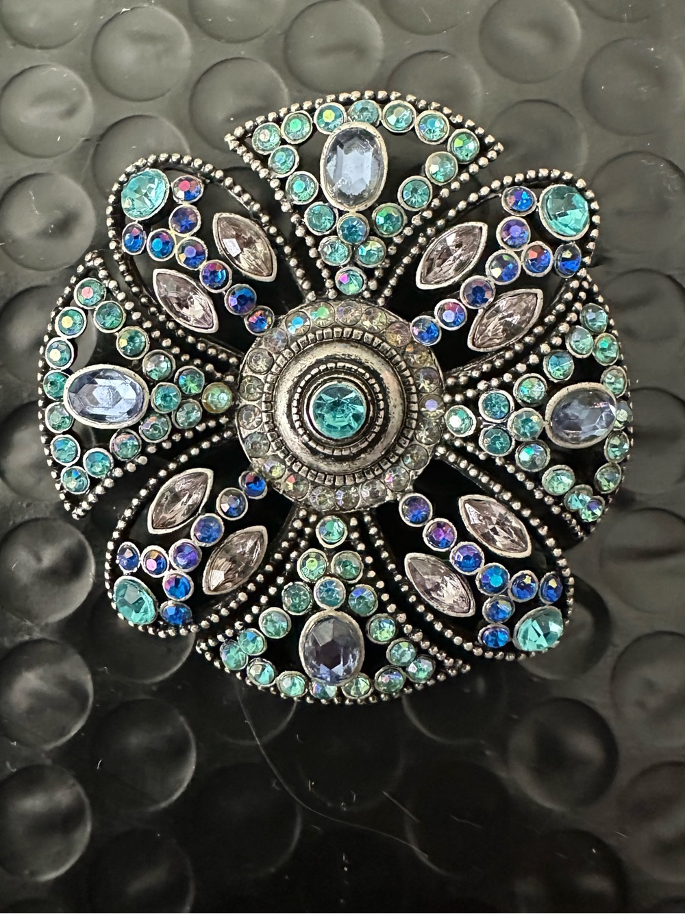 🌸 Blue Teal Rhinestone Floral Brooch Pin Antique Silver Tone Vintage Style